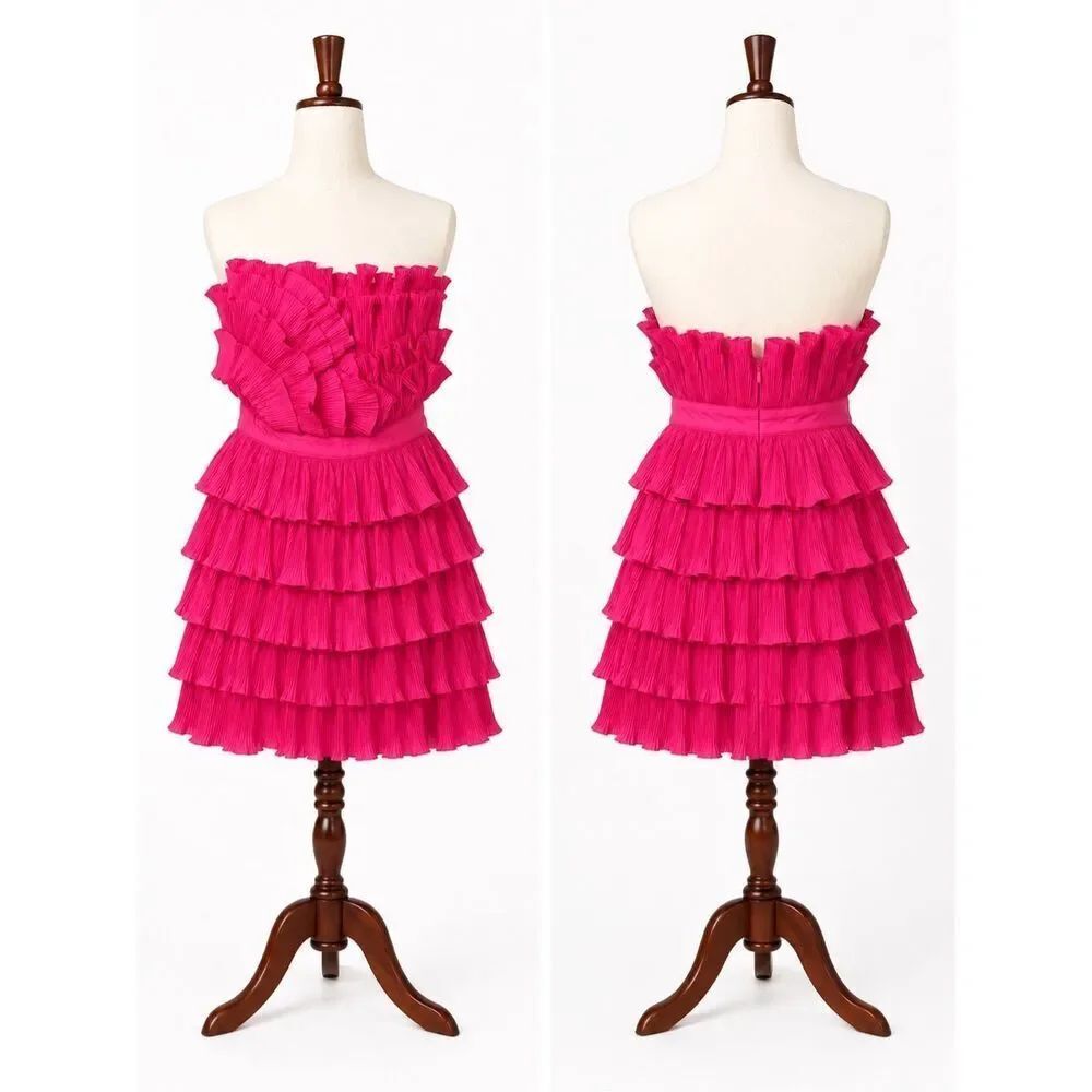 Mable Hot Pink Pleated Ruffle Mini Dress Size M Tiered Party Cocktail Barbiecore